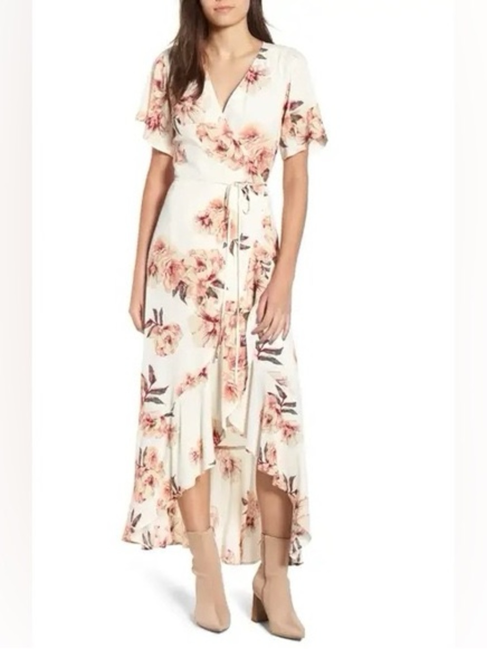 Leith Cream & Pink Floral Wrap High-Low Dress XL
